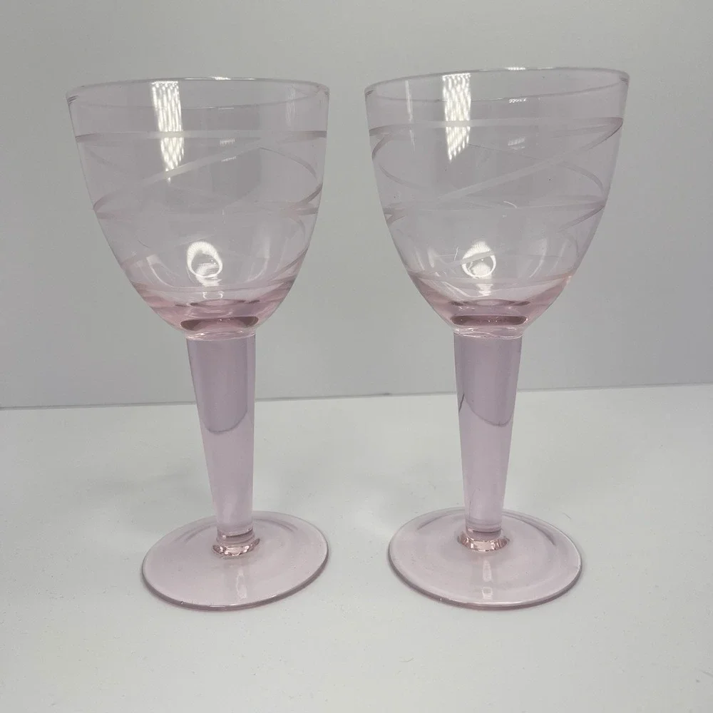 Vintage Pink MCM Wine Glasses‎ Etched Swirl Pattern Thick Stem  7